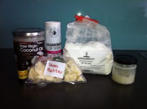 The items I use to make my natural deodorant. The jar itself is on the right of the picture.