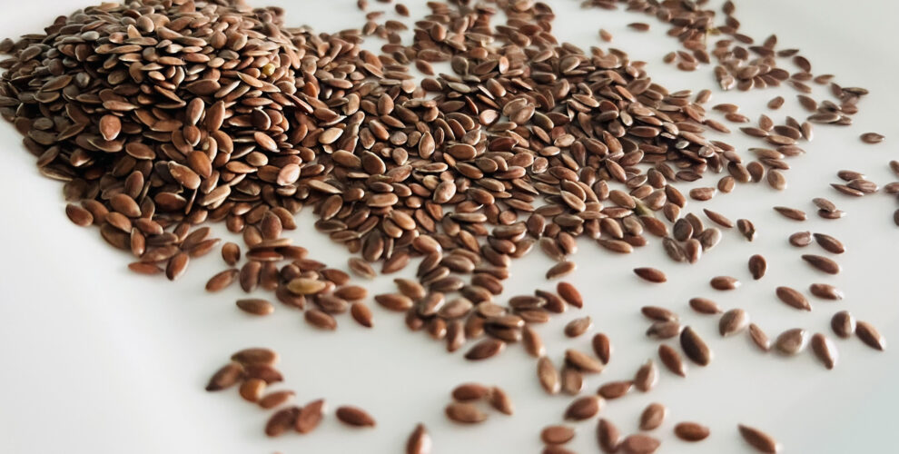 Brown linseeds scattered on a white plate