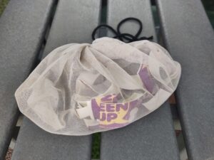 Single use cup cut up and placed in net bag