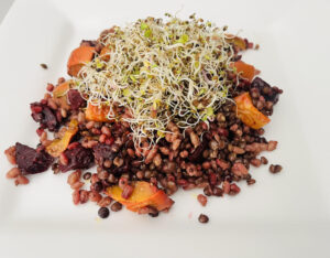 Sprouts in top of a lentil salad on a white plate