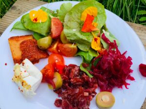 Nasturtium leaves and flowers as part of a salad.