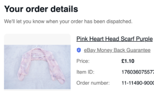 Screenshot of pink scarf ebay order