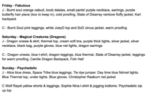 Festival packing list extract