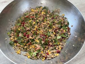 Buckwheat salad in metal bowl